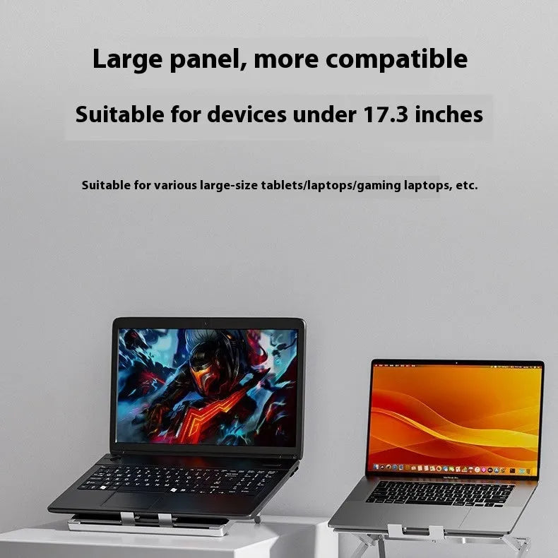 Aluminium alloy folding notebook cooling rack showing laptop elevation and compact folded position