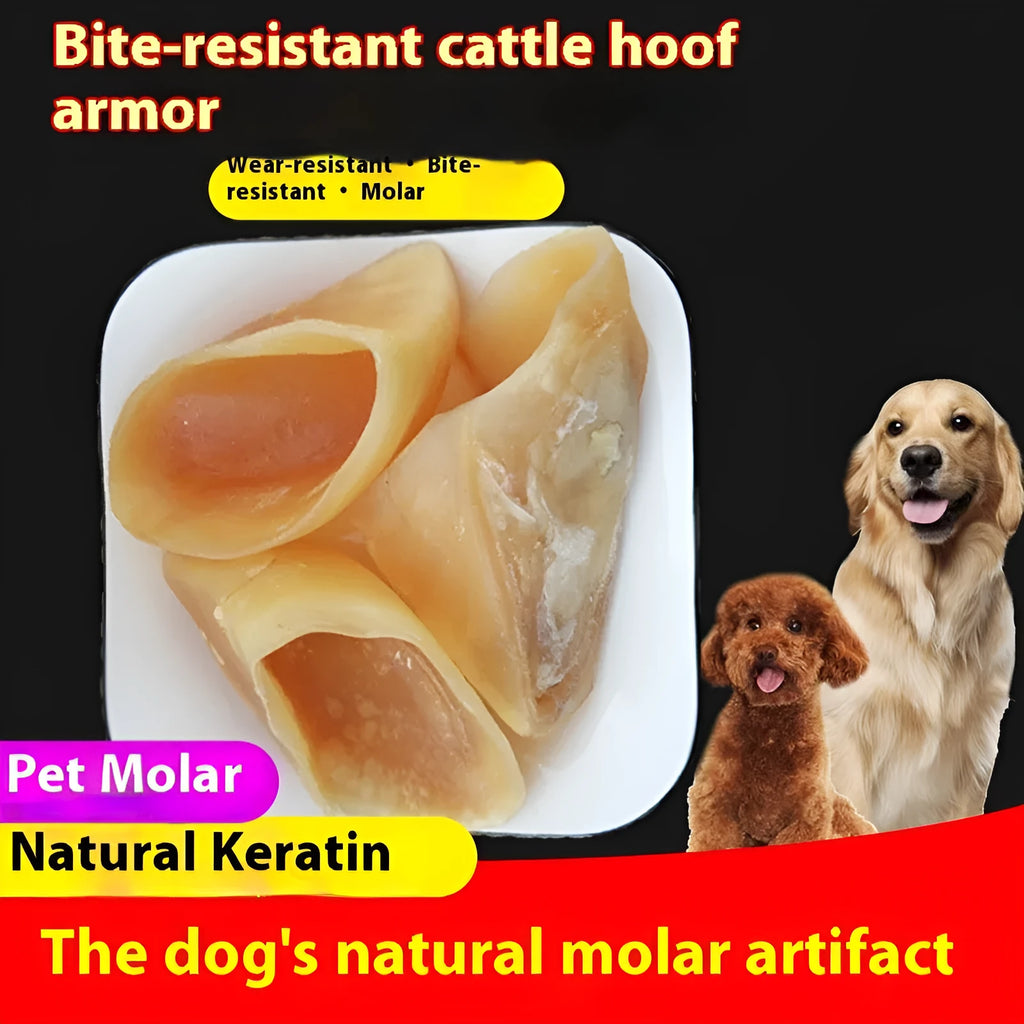 Natural cowhide dog chew with hoof shell texture in small and large sizes for dogs.