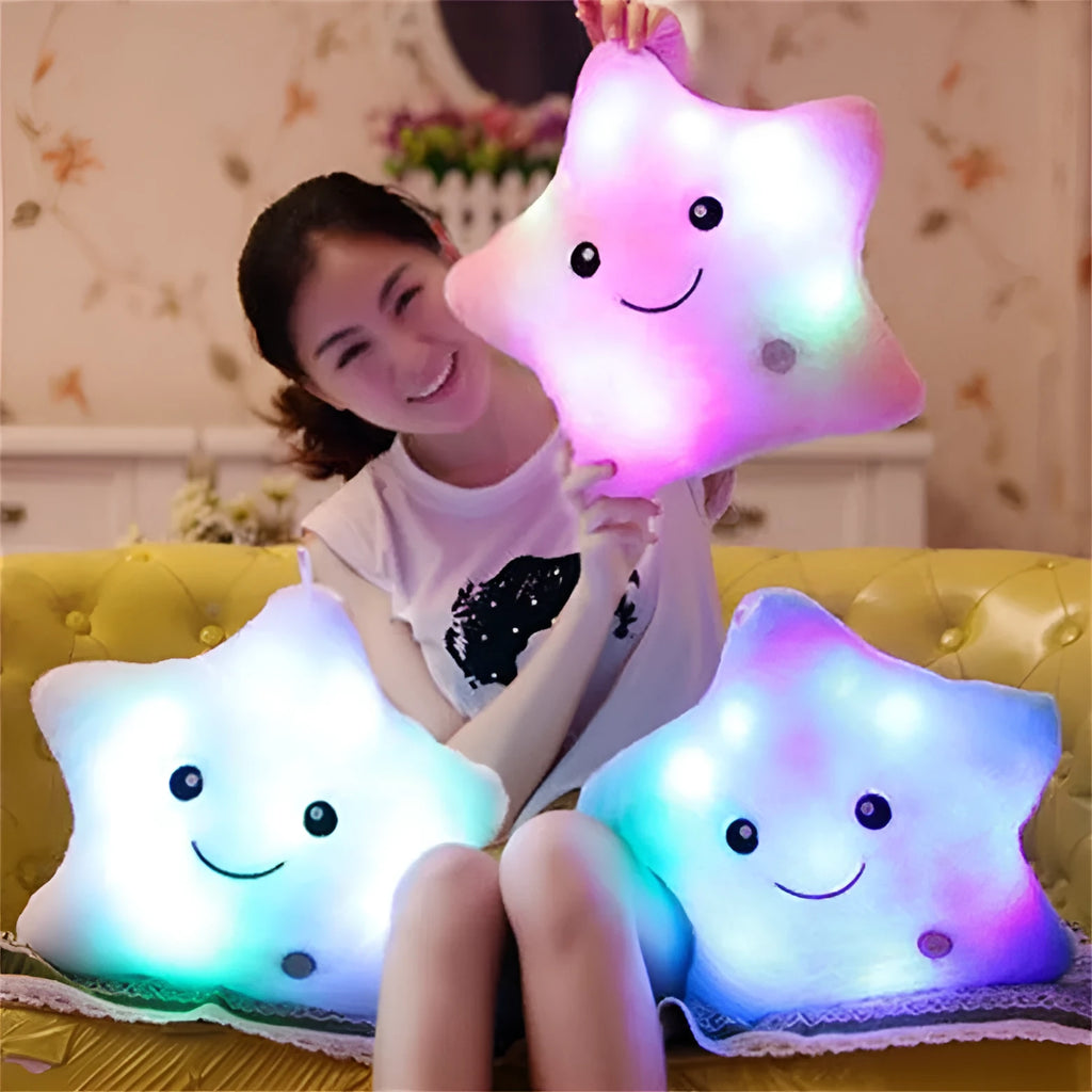 Colourful glowing five-pointed star plush pillow for room decoration.