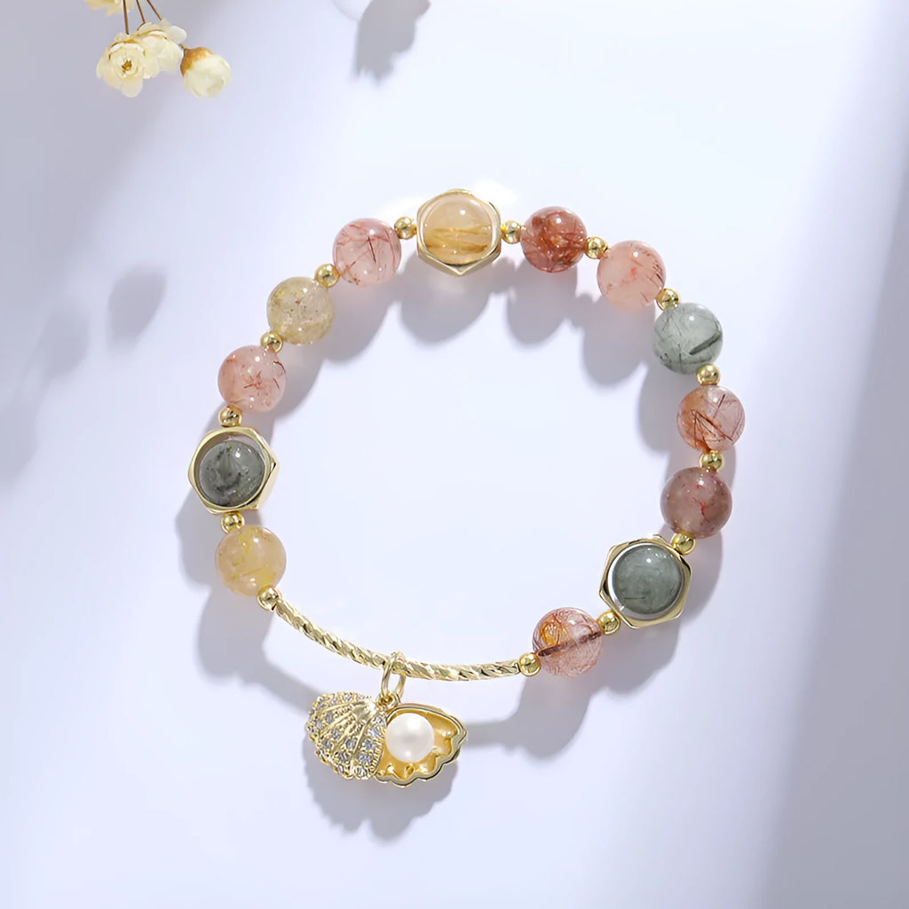 Women's crystal bracelet with colourful hair crystal and red sealant flower shell designs