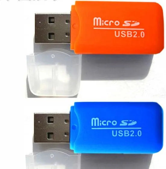 Mini USB TF card reader with inserted 16GB microSD card and separate SD card adapter.