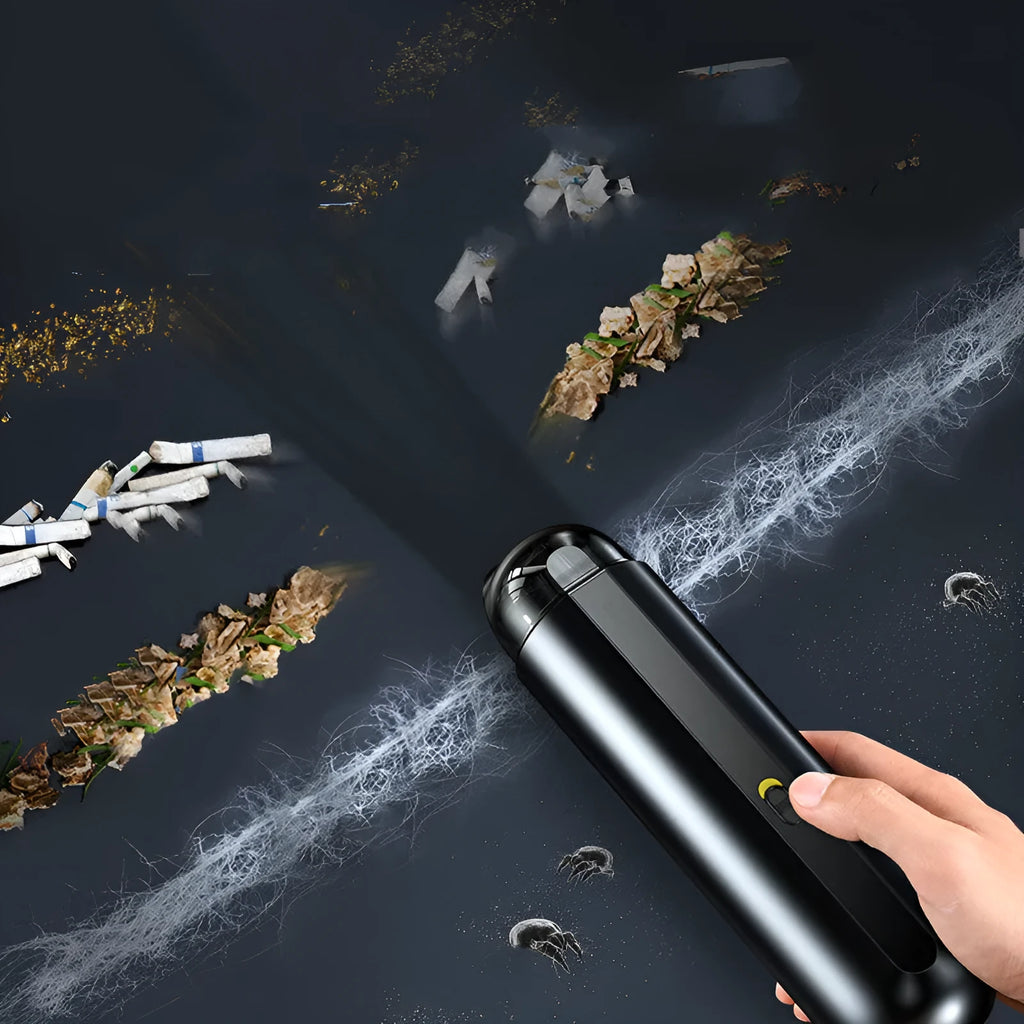 Baseus handheld cordless car vacuum cleaner in black, white, or green with blowing hose accessory.