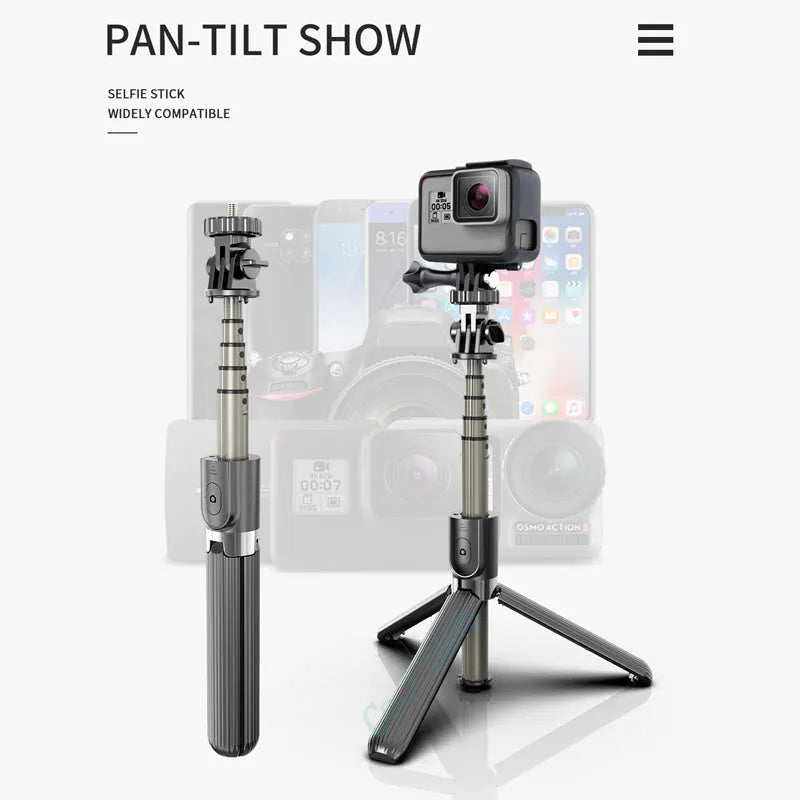 Black extendable tripod selfie stick for iPhone smartphones showing adjustable height.