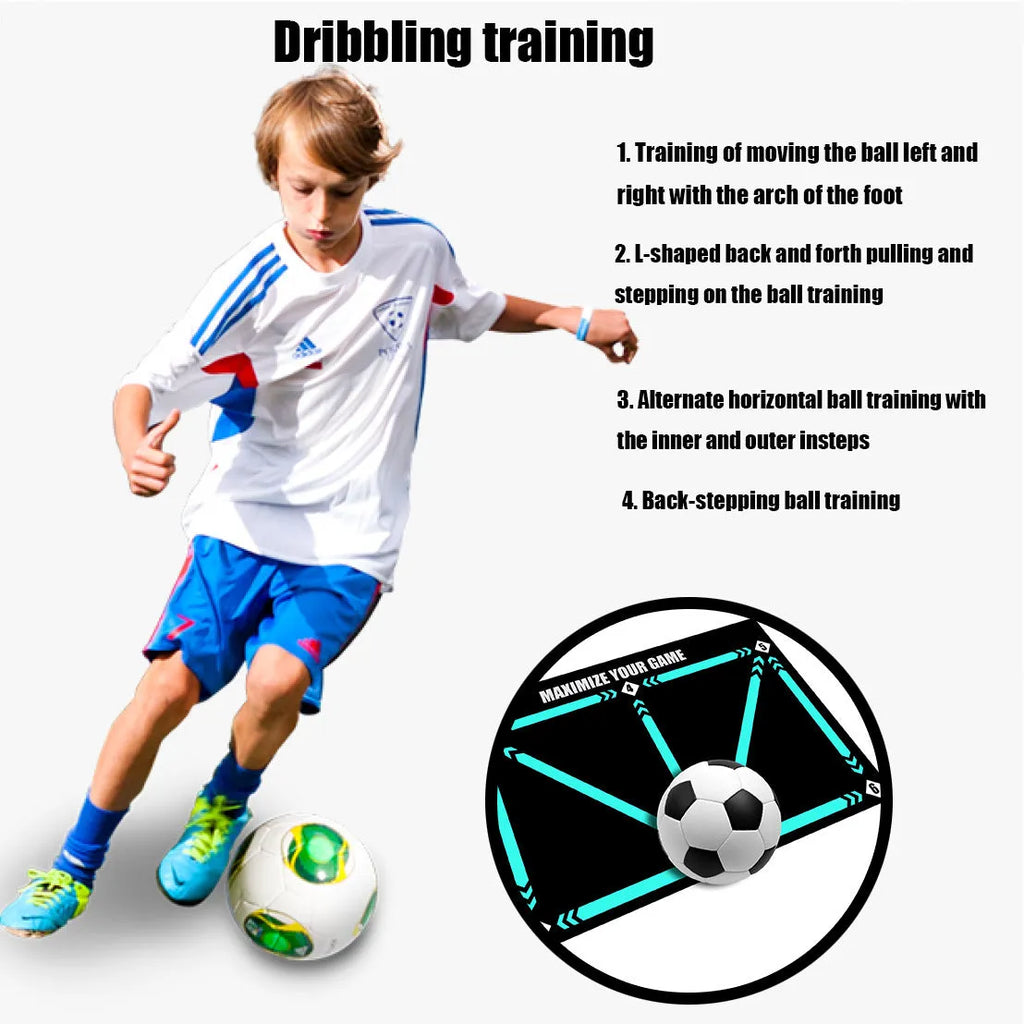 Black rectangular football training mat on grass for skills practice.