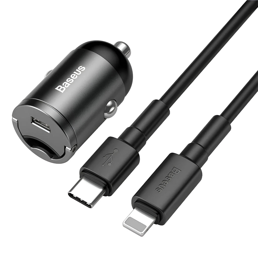 Baseus electro-optical grey 30W PPS fast car charger with single USB port and attached cable.
