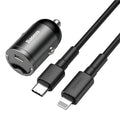 Baseus electro-optical grey 30W PPS fast car charger with single USB port and attached cable.