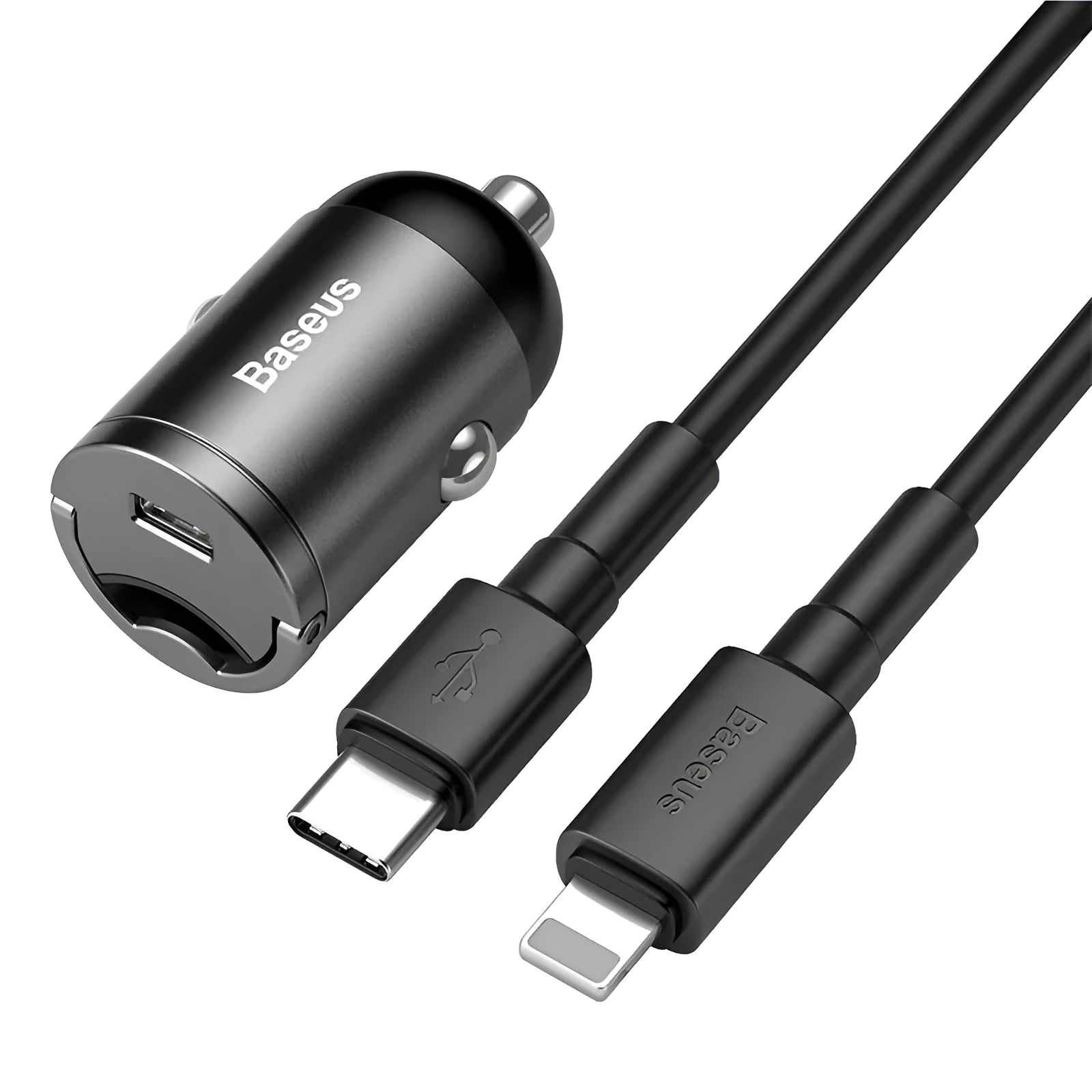 Baseus electro-optical grey 30W PPS fast car charger with single USB port and attached cable.