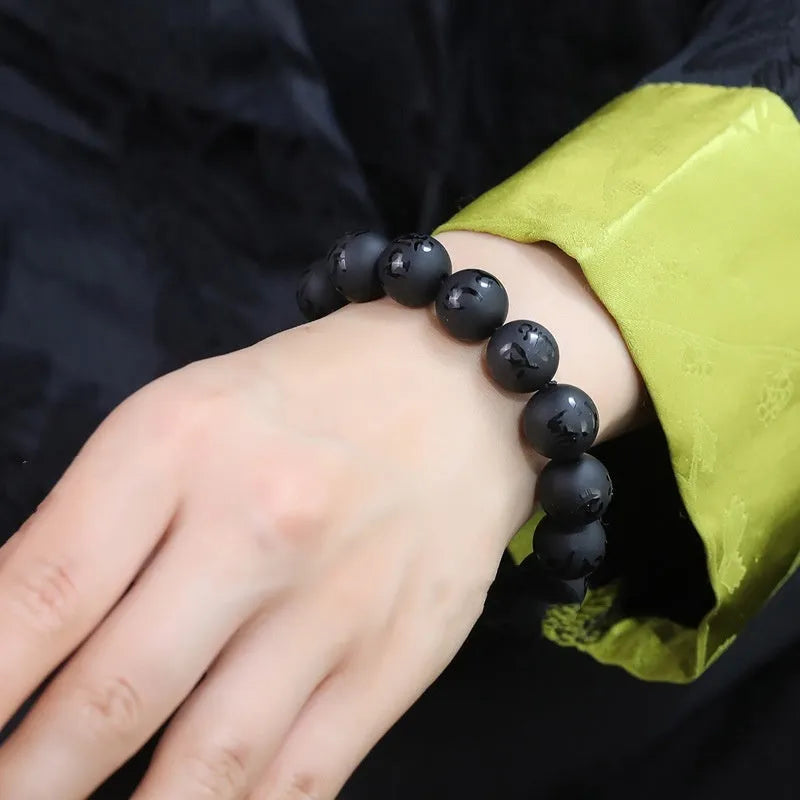 Natural frosted black agate Sanskrit mantra bracelet with Chinese style patterns in various sizes