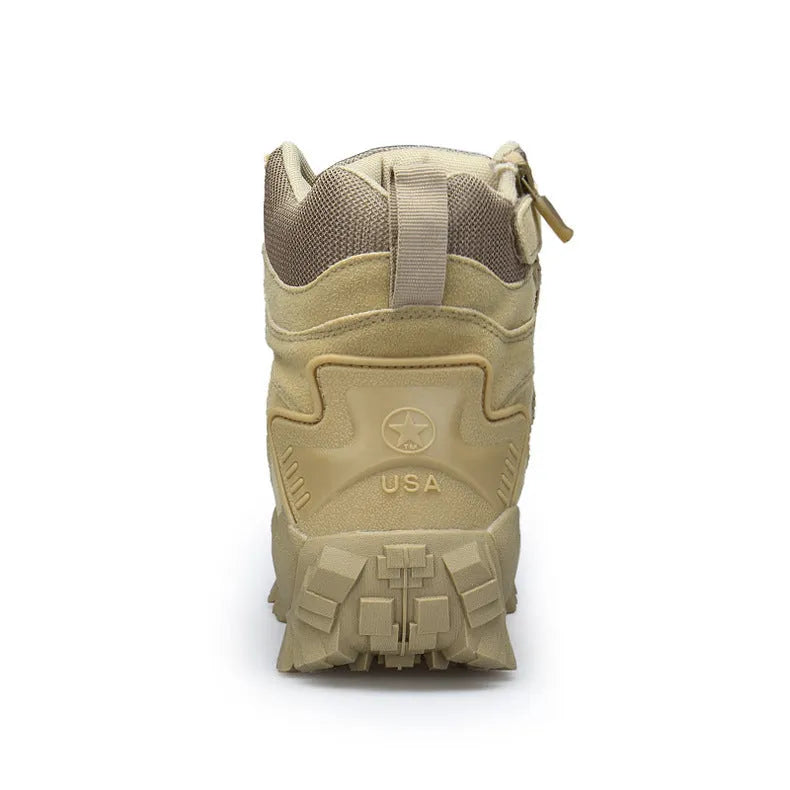 Men's black US Army Delta tactical boots with a rubber sole and velvet and leather upper.