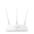 White dual-band wireless broadband router on a desk.