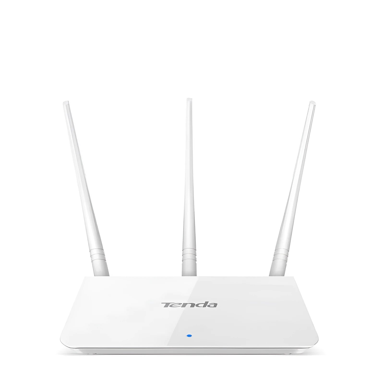 White dual-band wireless broadband router on a desk.