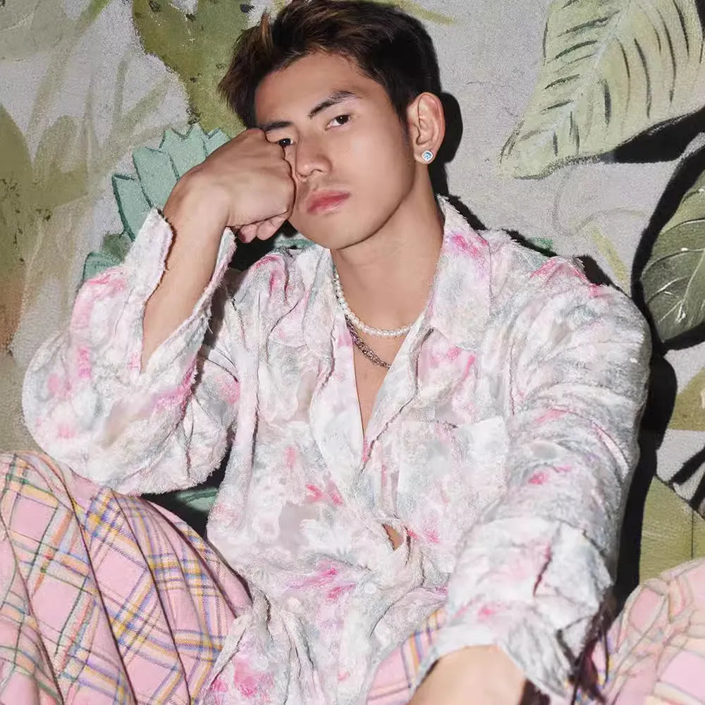 Men's loose floral long sleeve shirt with 3D embossing pattern in pink and blue colour options