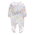 Cotton baby one-piece romper with dinosaur print in blue, sized for 6-month infants.