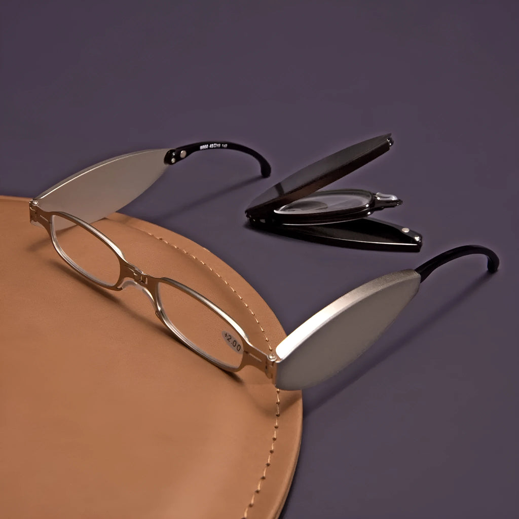Folding presbyopic glasses with retro ring-frame in black and silver colours