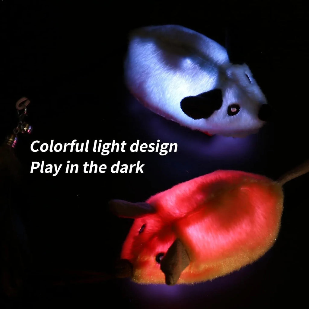 Grey and yellow interactive electronic cat mouse toy with feather tail and LED lights