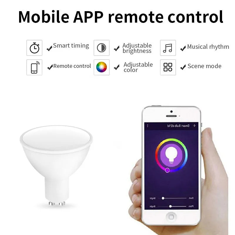 GU10 RGBCCT smart spotlight with wifi and voice control, 50mm diameter by 55mm length