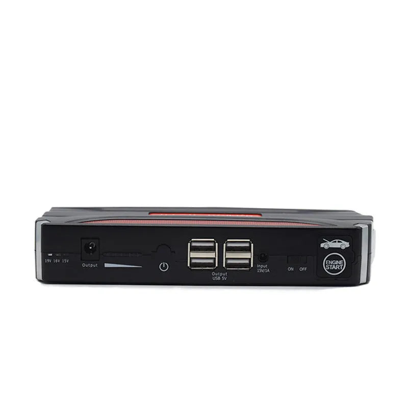Black and red 12V vehicle emergency starting power supply showing front panel and compact dimensions