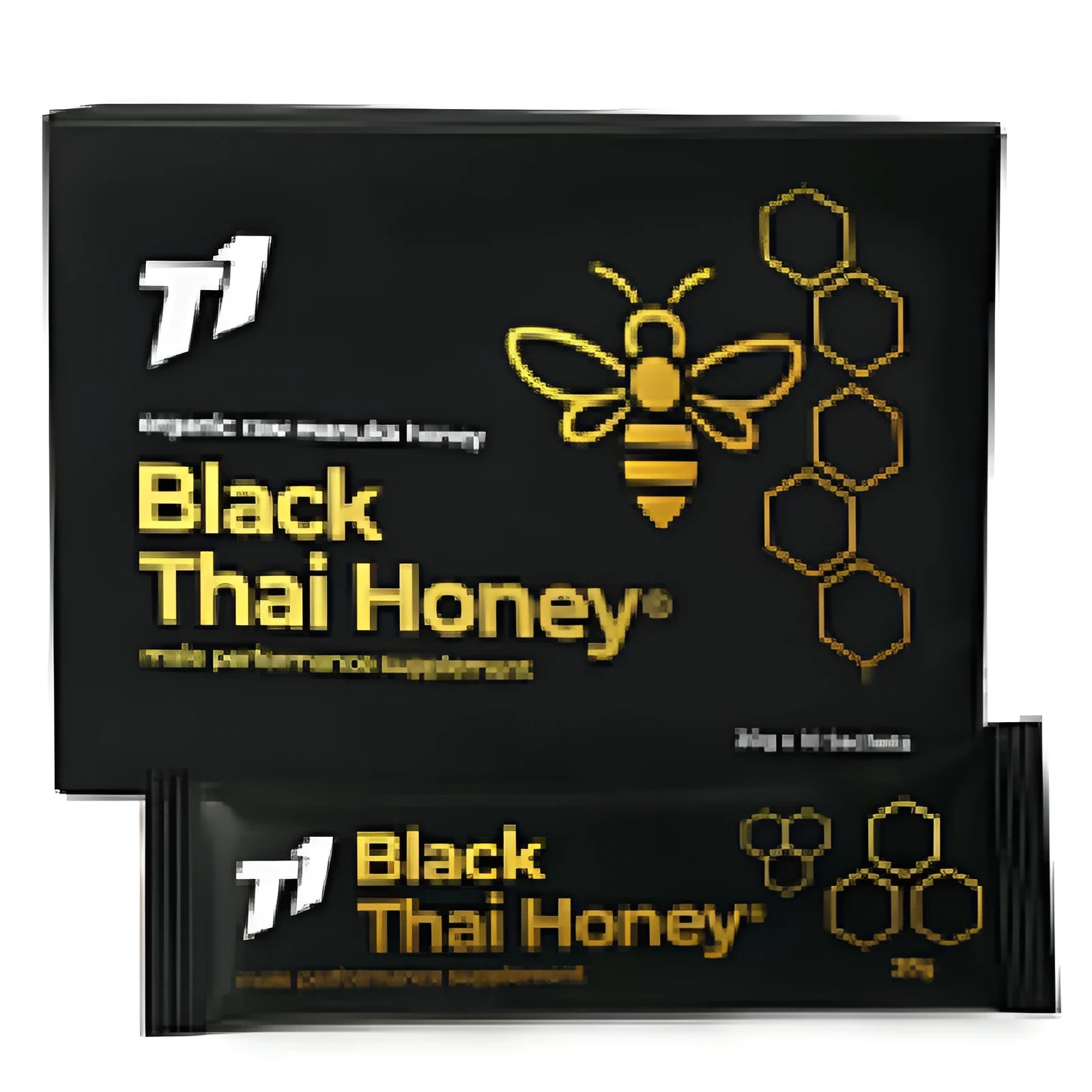 Jar of T1 Black Thai Honey with dark black colour.