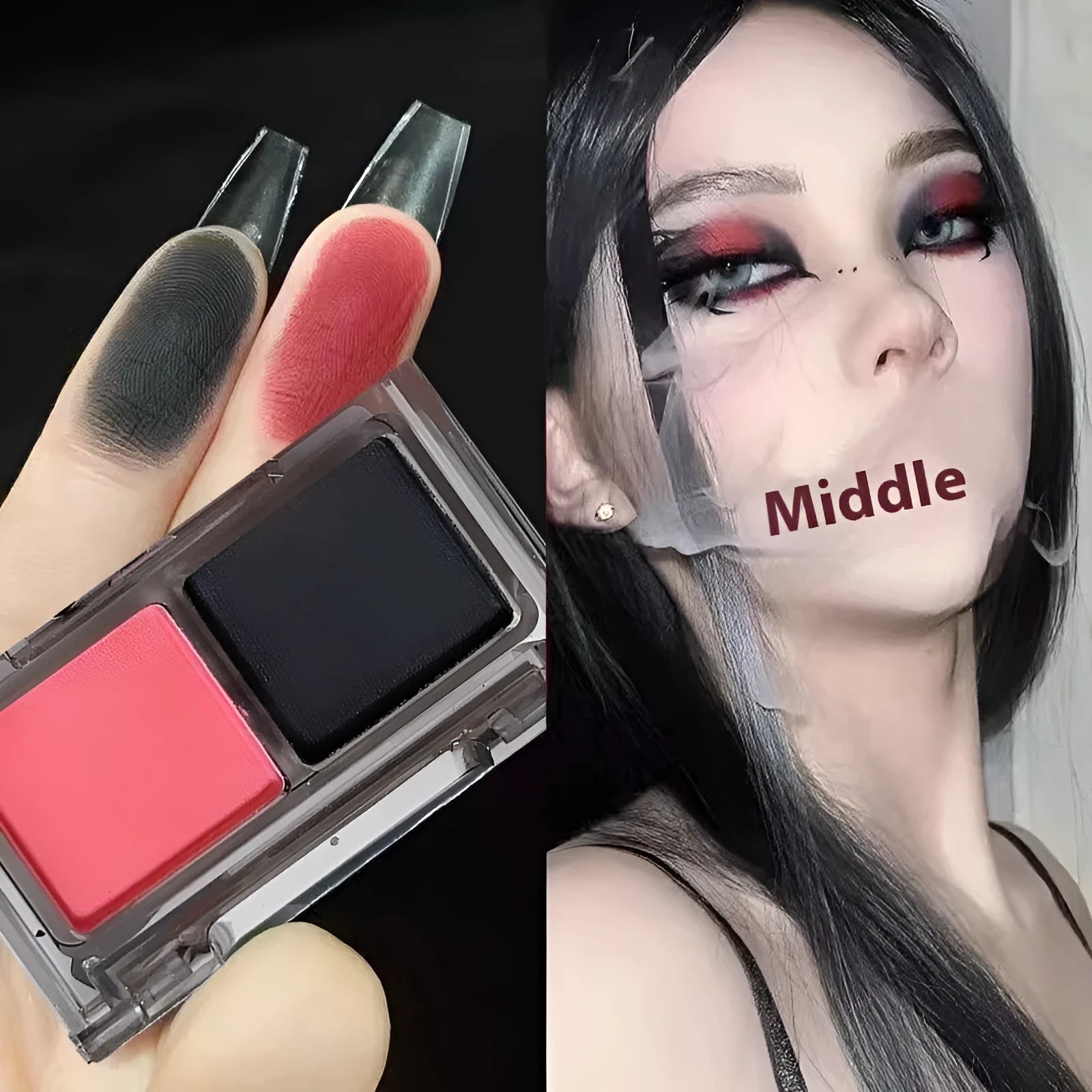 Two-tone eye shadow plate showing pink and black matte shimmer powder for punk makeup styles
