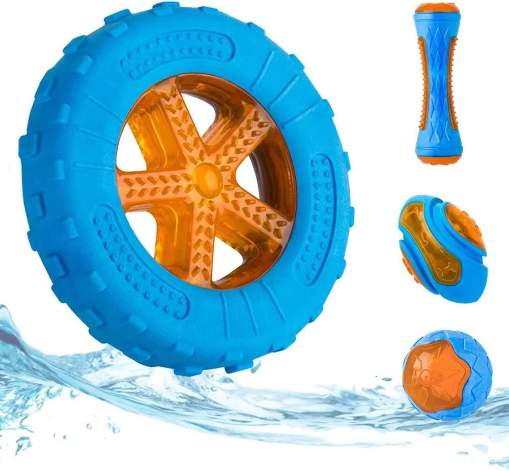 Set of three TPR dog toys: a squeaky ball, barbell, and tyre with bumpy texture for fetch and water play.