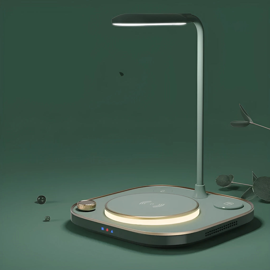 Black three-in-one wireless magnetic charger with desk lamp and USB cable on a wooden desk.