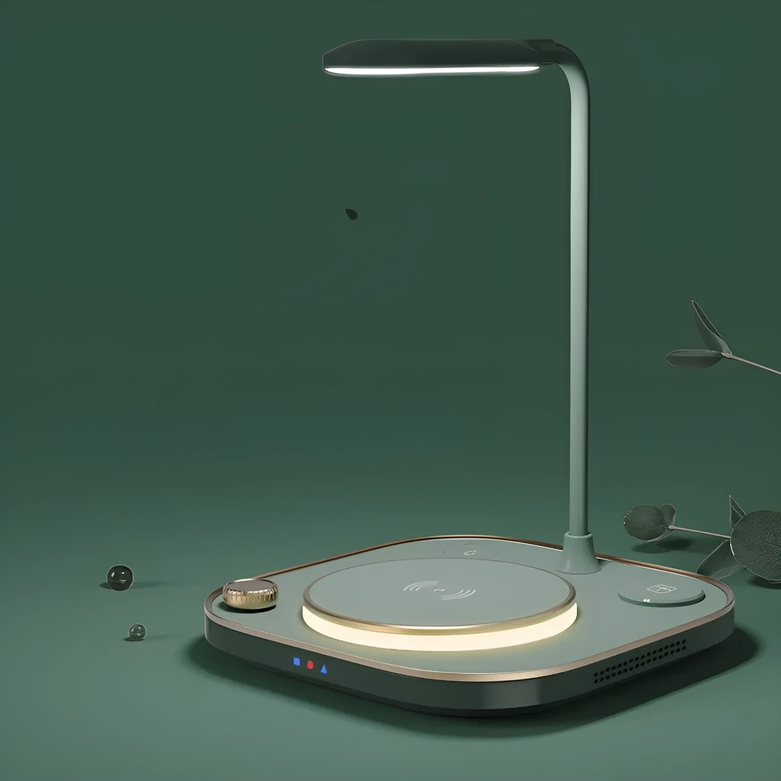 Black three-in-one wireless magnetic charger with desk lamp and USB cable on a wooden desk.