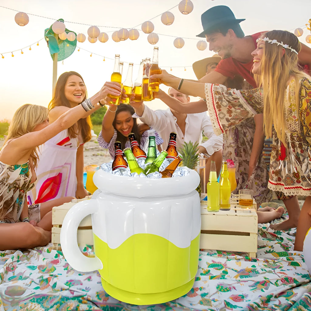 Yellow inflatable PVC ice bucket for drinks at parties and outdoors.