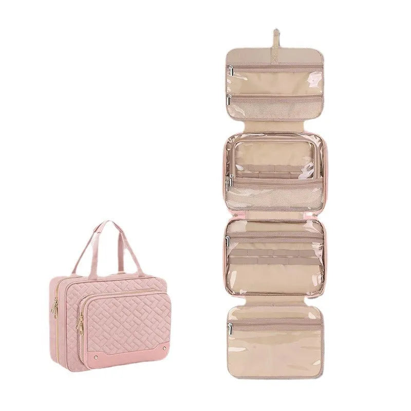 Black or pink waterproof hanging cosmetic bag with dimensions 30.5cm wide by 11cm deep by 22.9cm tall