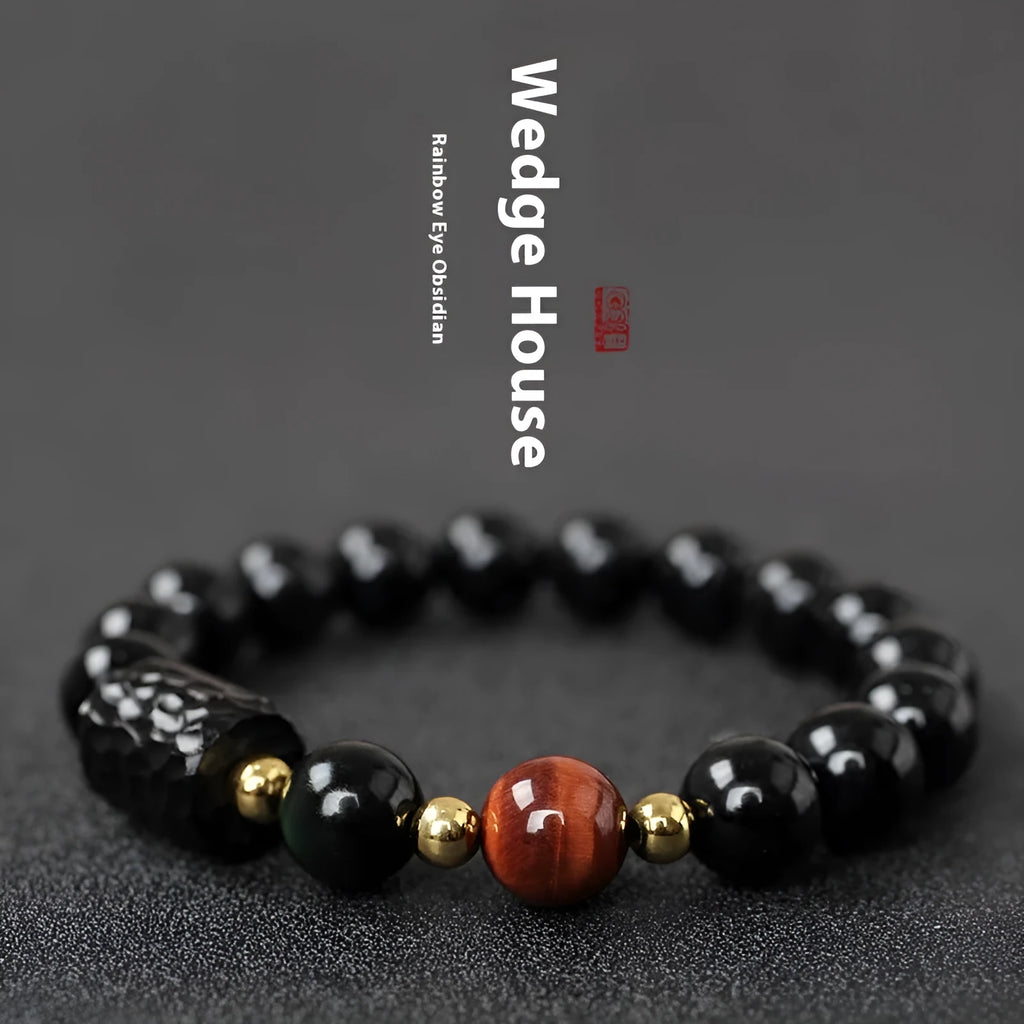 Handmade obsidian bracelet with red and yellow tiger eye beads in circle design
