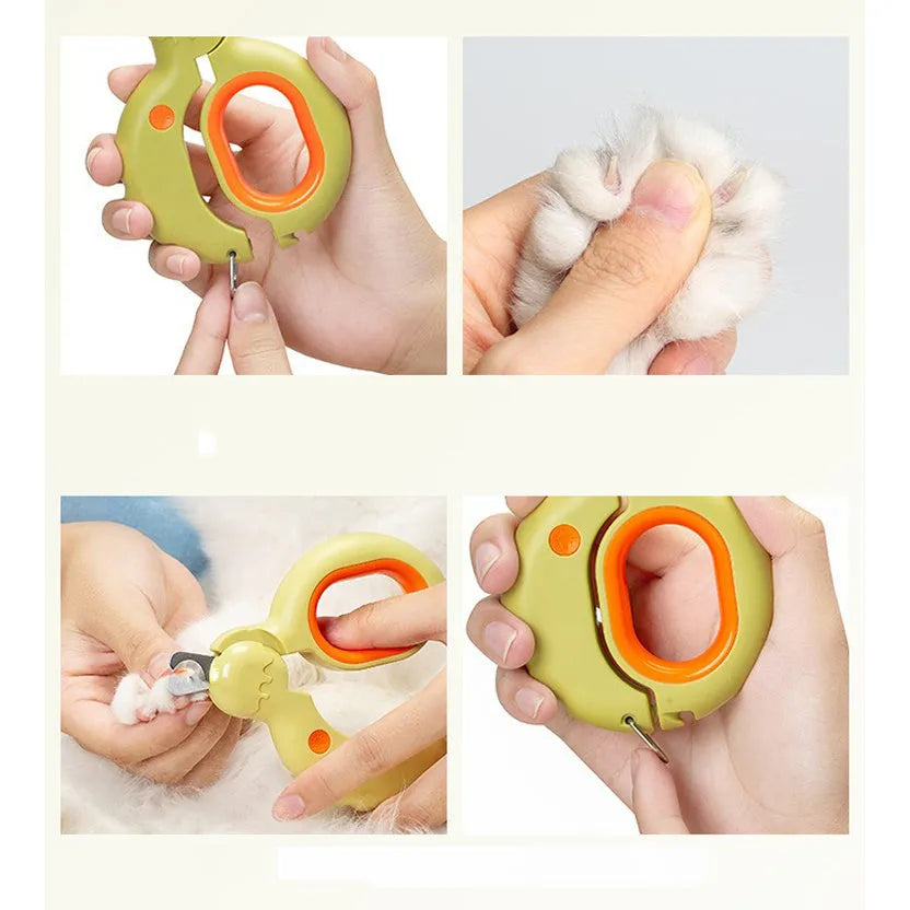 LED pet nail clippers with illuminated cutting area for cats and dogs, showing blue handle option