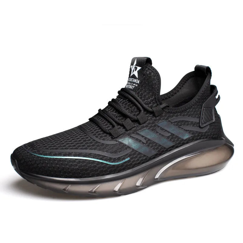 Men's breathable fly woven shock absorption sports casual shoes in openwork black, low heel