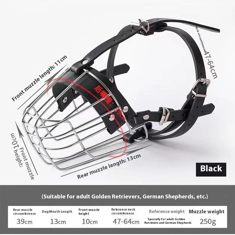 Black metal mesh dog muzzle designed for Golden Retrievers and German Shepherds on a grey background