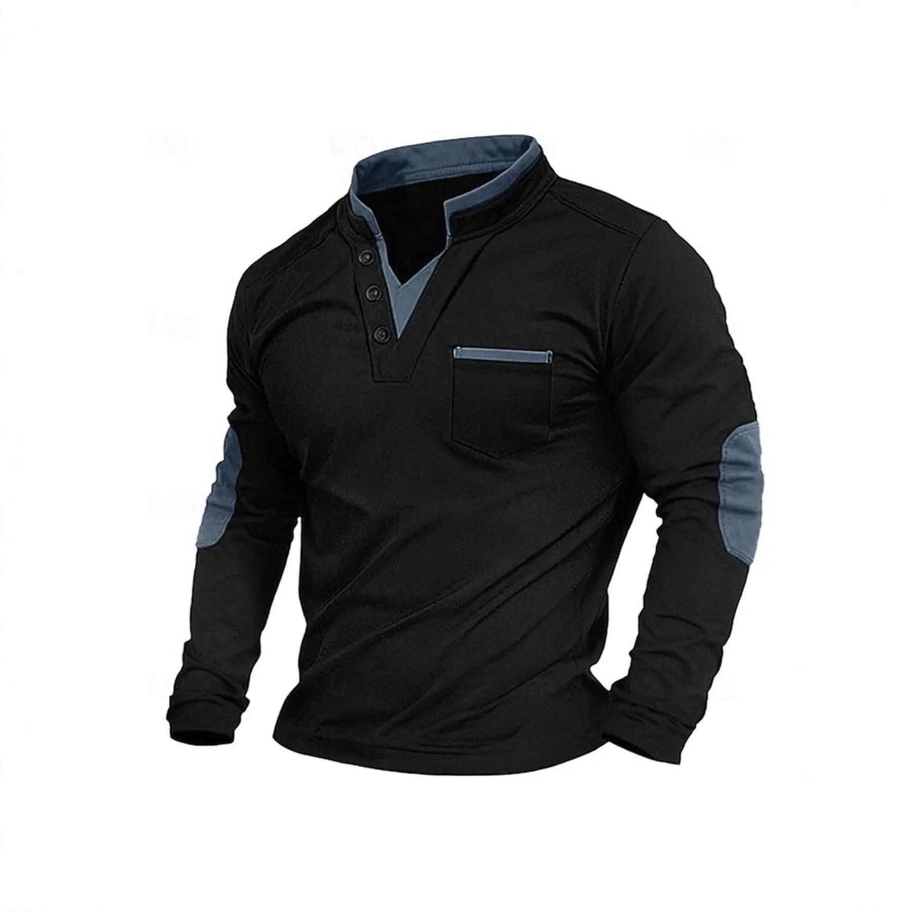 Men's stand collar long-sleeved sweater in solid black gray colour, stitching detail, pullover style, front view