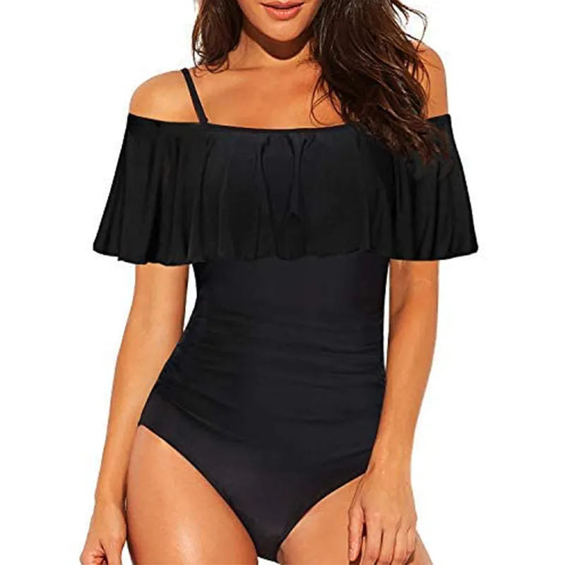 Black one-piece swimsuit with tube top, cut-out design and ruffled straps for swimming sports