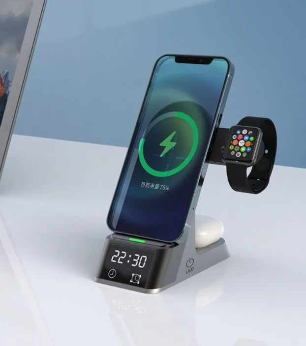Black multifunctional alarm clock with wireless charging pad, Apple Watch spot, and digital display