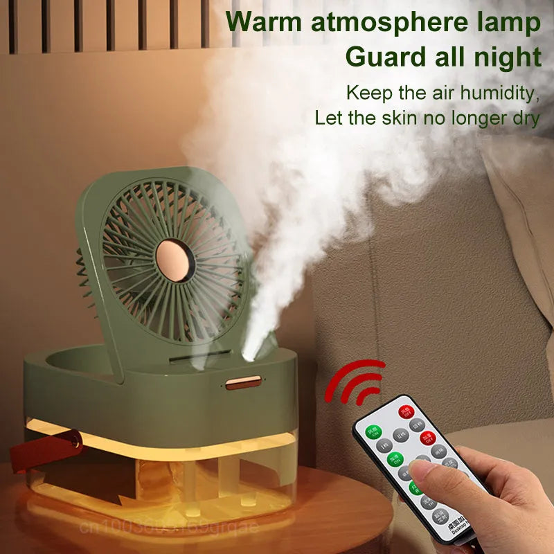 Portable USB mist fan with remote control, 2.5L water tank and night light in forest green colour