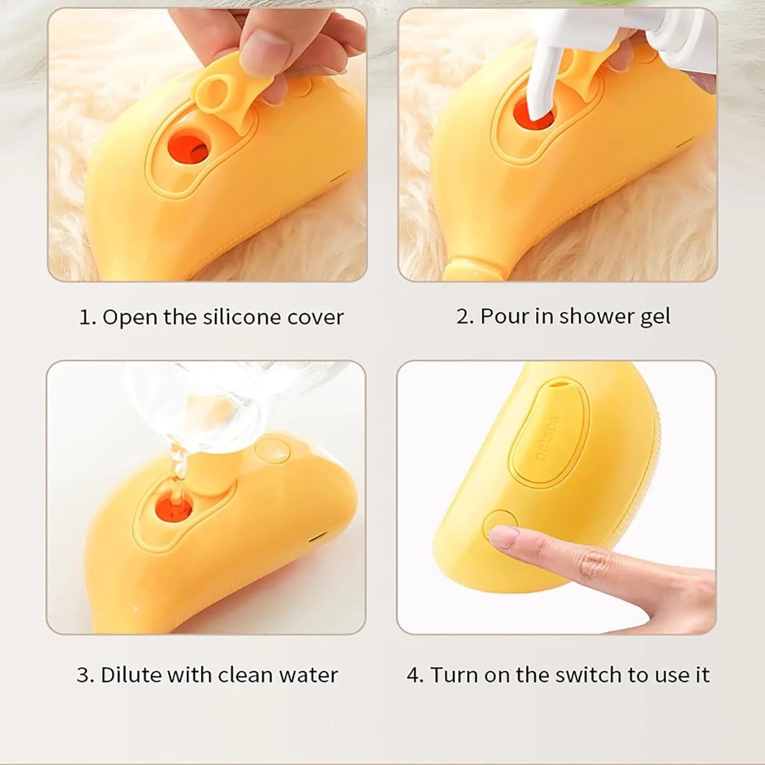 Green and yellow rechargeable cat steam brush with round silicone teeth and massage function