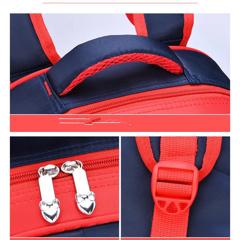 Blue children's cartoon backpack with load-reducing straps and a pencil case attached.