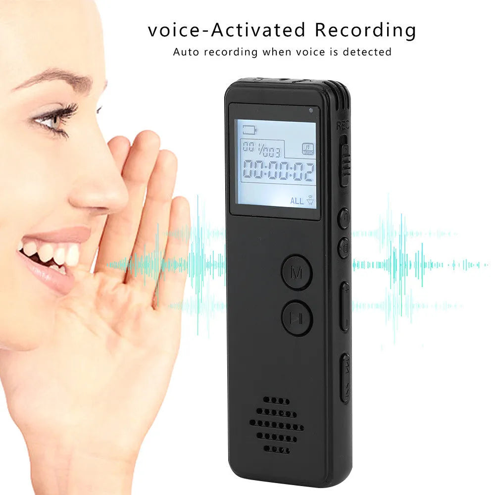 Black digital voice recorder with screen and built-in microphone for MP3 recording.