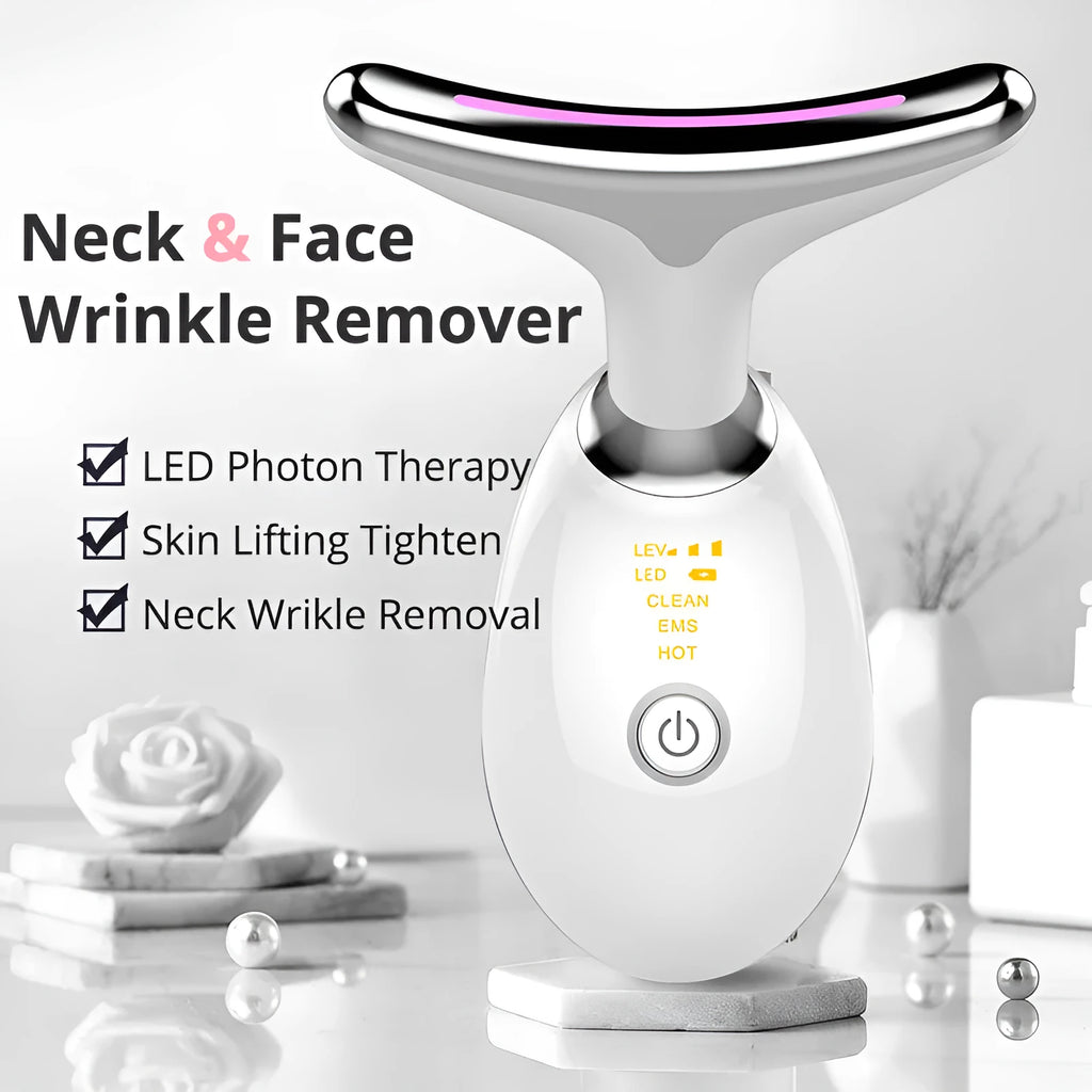 Black silver EMS thermal neck massager with LED lights on a white background.