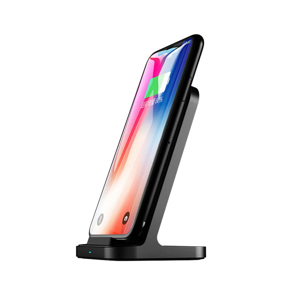 Dark grey vertical wireless charging base for Apple iPhones on desktop