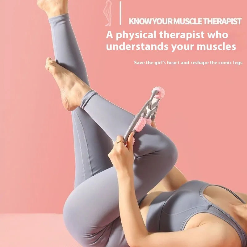 Ring clip leg massager roller with multiple plastic wheels for muscle relaxation.