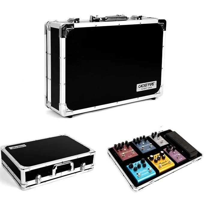 Heavy-duty aluminium flight case for a single guitar effect pedal, shown with butterfly latches open.