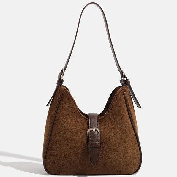 Retro suede leather underarm shoulder bag in brown with double straps, large capacity portable design
