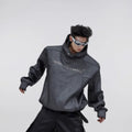 Men's loose red hooded sweater with heavy shoulder pads and silver 3D metal printing design.