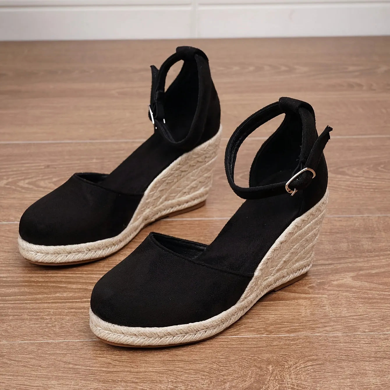 Women's apricot casual wedge sandals with suede upper, buckle closure, and rubber sole