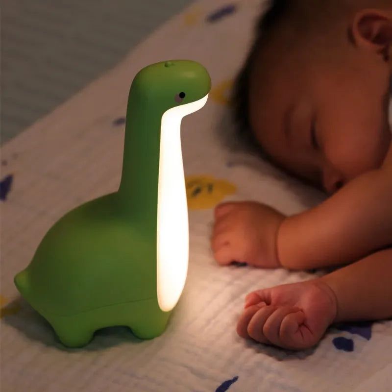 Cute dinosaur night light with 3000K warm glow in lemon yellow, USB rechargeable for kids bedroom decoration