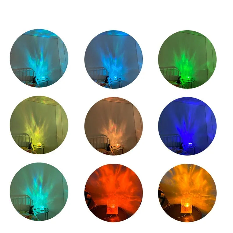 Crystal table lamp projecting blue water ripple light effect onto a wall, with remote control.