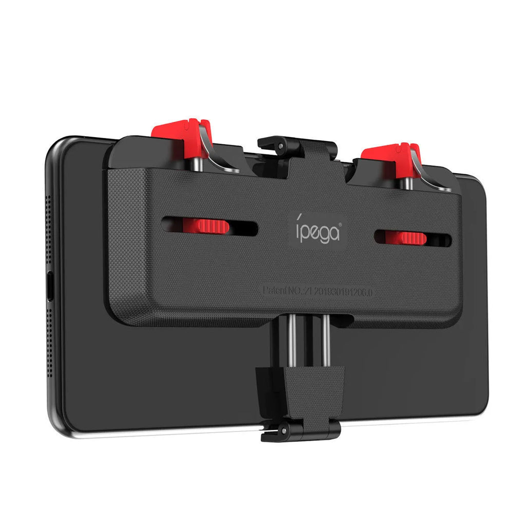 Black mobile gaming trigger stand with adjustable telescopic phone clip and sliding trigger button.