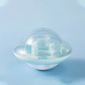 Blue pet tumbler ball toy with clear visual cabin and labyrinth column on floor